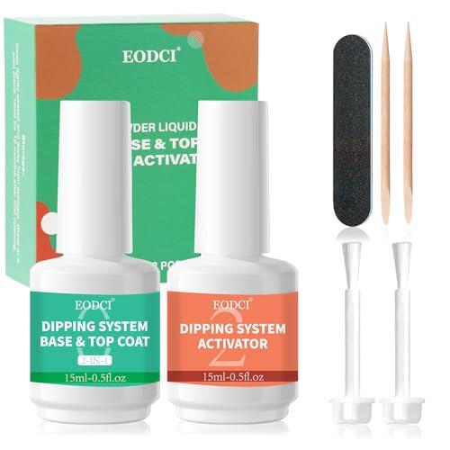 EODCI 2 unidades de 15 ml de polvo de inmersión líquido, 2 en 1 sistema de inmersión en polvo Essentials, kit base top coat con activador para la inmersión en polvo de uñas Kit