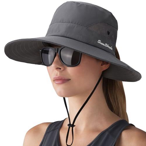DRESHOW Mujer Sol Sombrero Al aire Libre UV Protección Sombrero Plegable Ala Ancha Pesca Ponytail Playa Bucket Sombreros con Gafas