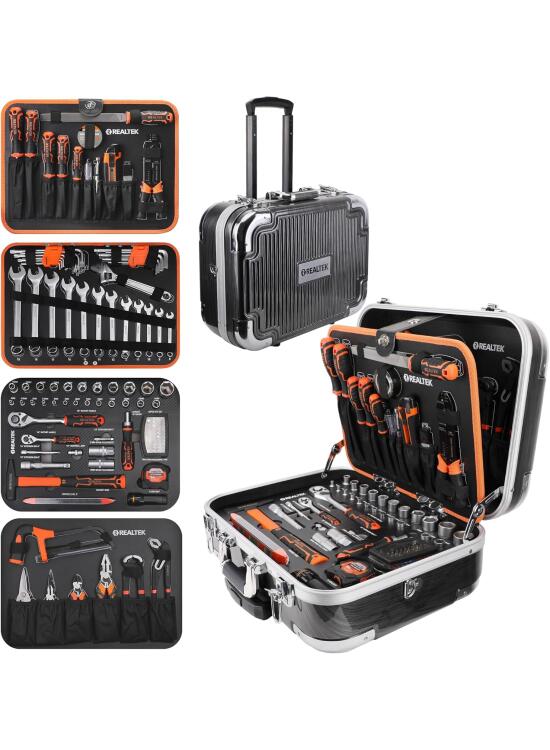 REALTEK Maletín de Herramientas 123 Piezas, Caja de Herramientas Completa, Juego de Herramientas de aluminio con Ruedas, Cromo Vanadio y Acero, para Reparaciones Domésticas y Automotrices