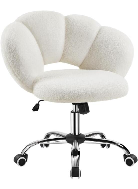 Yaheetech Silla de Escritorio Silla de Oficina Ergonómica sin Brazos Tapizada Blanca con Ruedas Giratorias Respaldo Diseño Nube en Tejido Bouclé Altura Ajustable