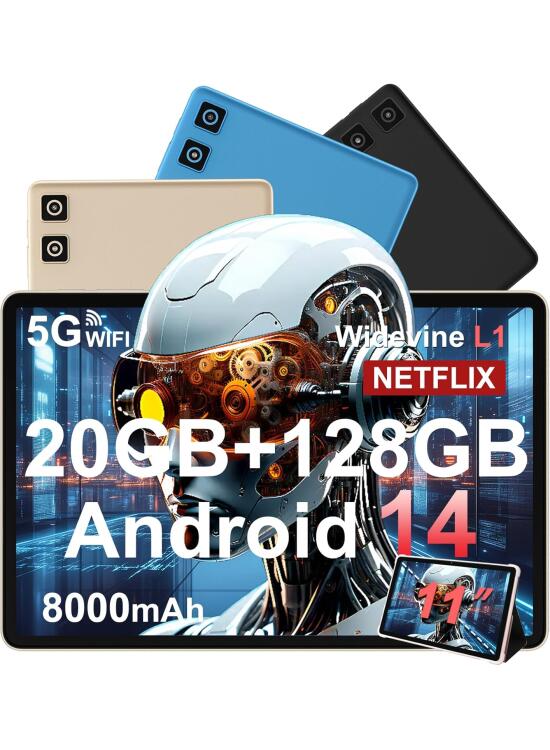 Tablet 11 Pulgadas Android 14 con 8000 mAh + Carga Rápida 18W, 13MP + 5MP, 20GB RAM + 128GB ROM (Ampliable a 1TB), Tablets con Widevine L1, 5G Wi-Fi, GPS, 8 Cores 2.0 GHz, Face ID, Bluetooth 5.0, Oro