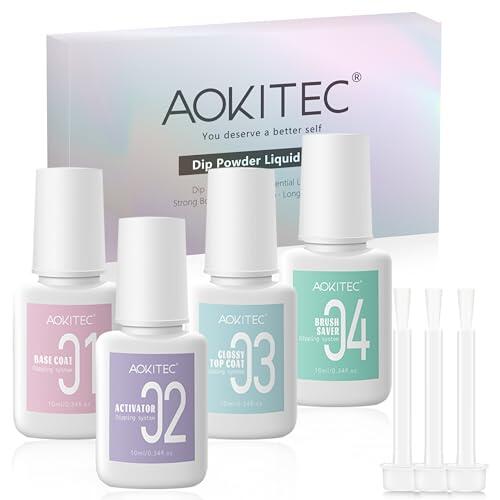 Aokitec Juego de Polvo de Inmersión Líquido, 4 * 10ml, Base, Capa Superior, Activador y Guarda Cepillo con Cepillos de Reemplazo para Polvo de Inmersión en Acrílico, Kit de Uñas de Polvo de Inmersión