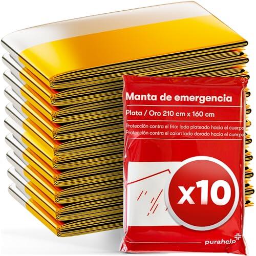 PURAHELP Manta de rescate dorada y plateada [10 unidades] – 210 x 160 cm – Mantas de emergencia para primeros auxilios, exterior y coche – mantas de supervivencia resistentes a la intemperie para