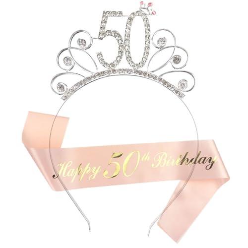 50 Cumpleaños Corona y Faja, Feliz 50 Cumpleaños Tiara y Faja, Decoración de la Fiesta de la Mujer