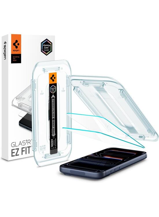 Spigen Glas.tR EZ Fit Protector Pantalla para iPhone 17, iPhone 17 Pro, iPhone 16 Pro, 2 Unidades, Instalación Fácil, Alta Definicion, Dureza 9H