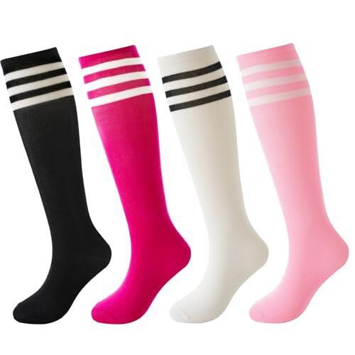 BISOUSOX 4 pares de calcetines de fútbol unisex para niños de 6-8/9-12 años, calcetines altos hasta la rodilla, calcetines de fútbol para niños, calcetines de algodón a rayas, calcetines de fútbol