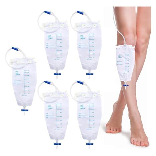 BORISCA 5 Bolsas de Orina de 750 ml para Las Piernas, Bolsa Sonda Vesical Pierna con 2Cintas de Tela, Tubo de 60 cm de Longitud y Válvula Antirreflujo, Bolsa de Urinario Catéter Pierna
