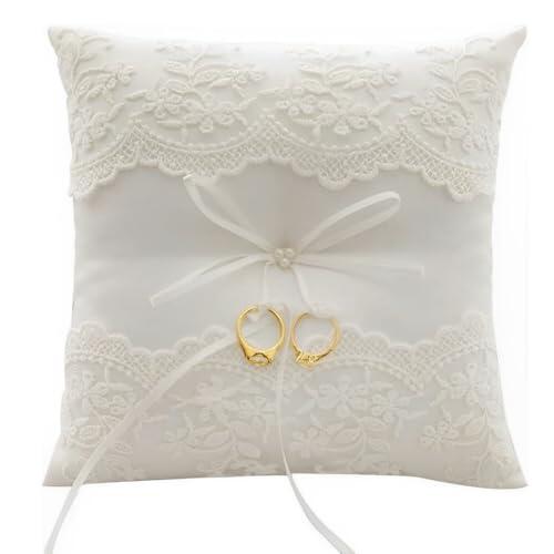 Voarge Cojín para alianzas de boda, con encaje y flor, Cojín para anillos bordado floral blanco