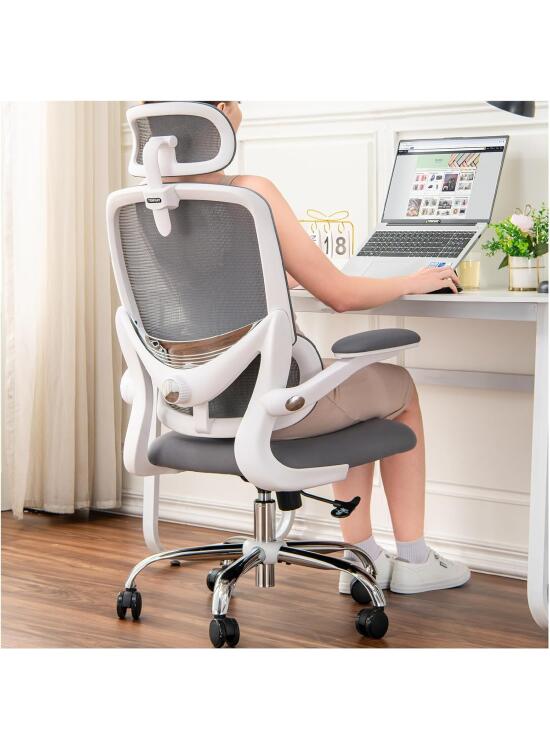 Silla Ergonómica para Oficina, Silla de Escritorio Respaldo Alto de Malla, Soporte Lumbar Ajustable, Reposabrazos Abatible, Reposacabezas Desmontable, Silla Giratoria para Juegos, 150 KG