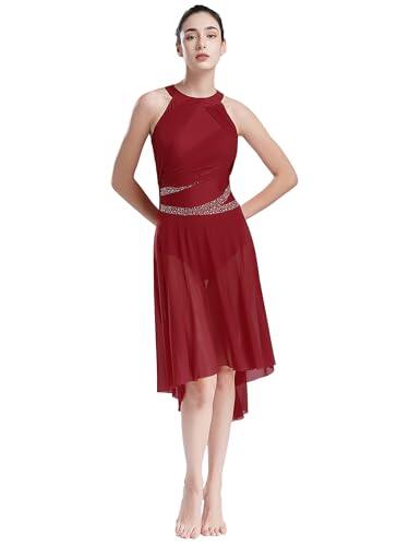 Yhong Vestido de Ballet para Mujer, Vestido de Danza Lírica con Malla, Falda Asimétrica, Maillot de Ballet, Body de Baile, Vestido de Tul para Danza Contemporánea y Moderna, granate, L