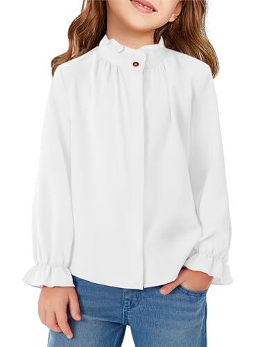 Haloumoning - Blusas de manga larga con frunces para niñas, con botón, cuello abotonado, camisa infantil bonita, Blanco, 10-12 años