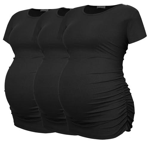 Smallshow Camisas de maternidad para mujer, acanaladas, fruncidas, ropa de embarazo, paquete de 3 unidades, Negro-negro-negro (paquete de 3), S