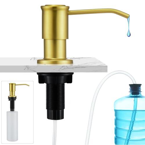 CREA Dispensador de Jabón de Cocina, Dispensador de Detergente de Cocina, Dispensador de jabón para Fregadero con Botella de 500 ml y Manguera de extensión de 1,0 m para llenado Desde Arriba,Oro