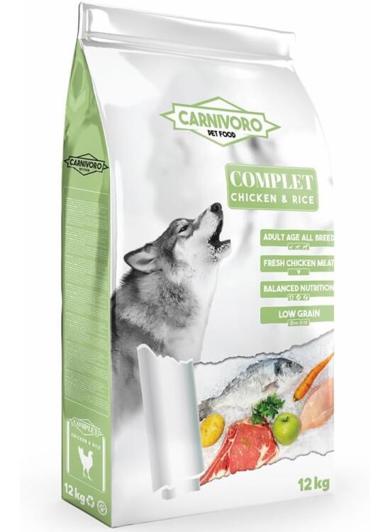 Carnivoro - Complet Pollo y Arroz - Pienso para Perros Adultos - Todas Las Razas - con Pollo Fresco Braseado - Alimentación Balanceada - Bajo en Granos -12 kg.