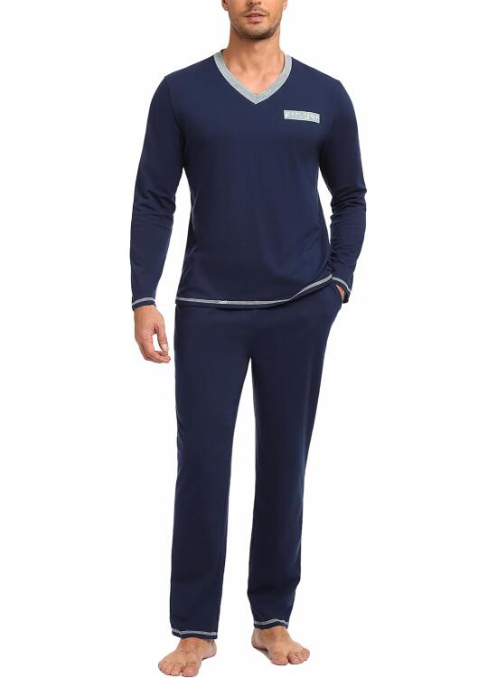 Nieery Pijamas Hombre Invierno Algodón Conjunto Cuello en V Camiseta Manga Larga y Pantalones con Bolsillos S-3XL