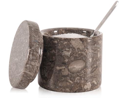 SPESHSTONES Tazón de sal de mármol con tapa y cuchara, 7,6 cm, tarros de especias oceánicos hechos a mano para el almacenamiento de la cocina – recipiente de sal esponjoso, azucarero decorativo y