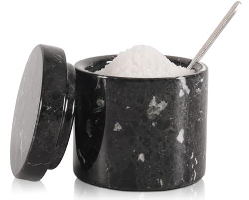 SPESHSTONES Recipiente de Sal de Mármol 7,6 cm Negros Contenedores de Sal de Mesa para Encimera - Tazón de Azúcar con Tapa, Soporte de Piedra, Frascos de Especias, Recipiente de Almacenamiento de