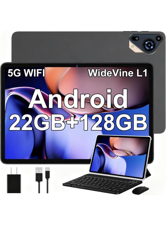 Tablet 10 Pulgadas Android 14 con Gemini AI, 22GB RAM + 128GB ROM Ampliable 1TB, Octa-Core 2.0GHz, FHD IPS, Widevine L1, WiFi 5G, 8000mAh, Cámara 5MP+8MP, con Teclado + Ratón + Funda, Gris Carbono