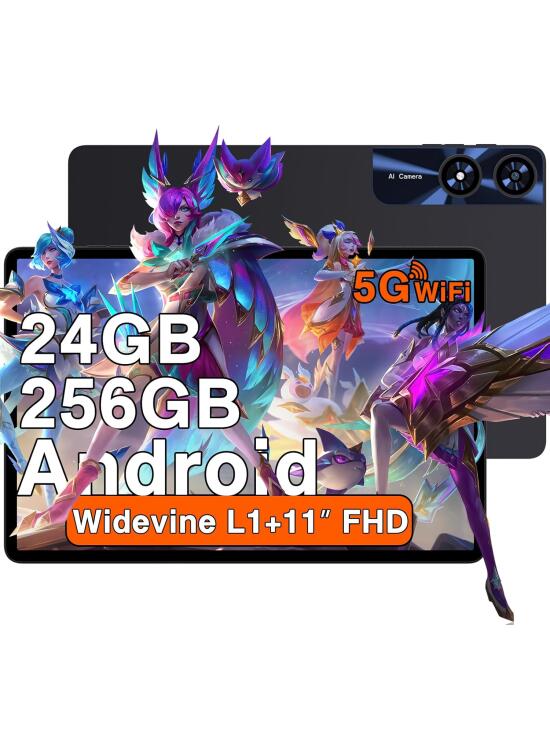 Tablet 11 Pulgadas Android con 24GB RAM + 256GB ROM (2TB TF), Octa-Core 2.0 GHz, Widevine L1, 5G WiFi, Bluetooth 5.0, 8000mAh, 5MP + 13MP, 1280 * 800, Facial ID, Tipo C, AGPS, Tablet con Funda - Black
