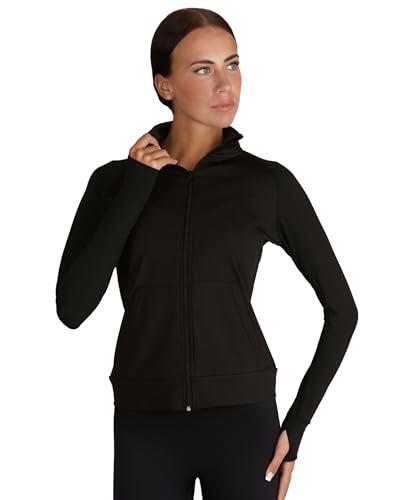 Silky Dance Chaqueta deportiva con cremallera para mujer y niña, manga larga, para gimnasio, correr, uniforme de baile, color negro, con orificios para los pulgares y bolsillos, Negro, 11-13 años