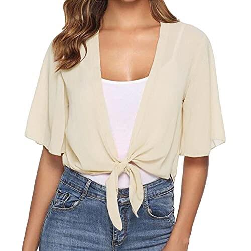 Generisch Cárdigan mujer manga larga bolero de mujer de gasa con manga corta manga corta mujer chaqueta de lino manga larga casual gasa, beige, XL