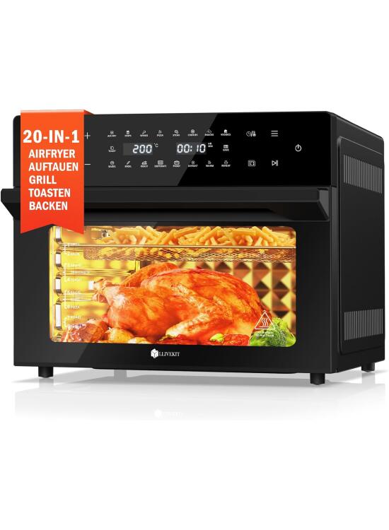 Freidora de Aire XXL, Horno 30 L con Asador Giratorio, Horno Freidora sin Aceite con 20 Programas y 9 Accesorios, Air Fryer Pantalla Táctil LED, Convección con Recetas, 1800W, 80°C-230°C