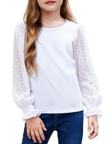Arshiner Camisa de Manga Larga para Niña con Puños Fruncidos, Lunares Suizos, Jersey, Linda Blusa con Cuello Redondo, Color Blanco, 160