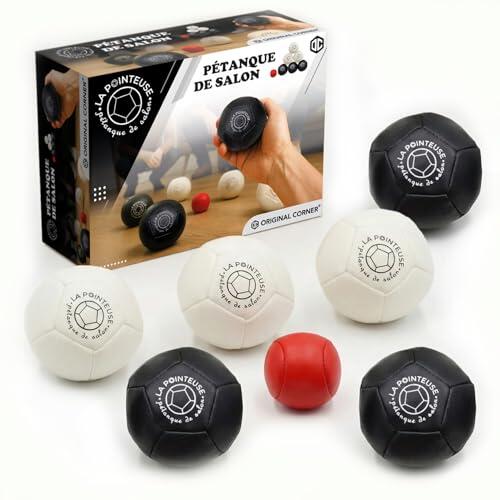 LA POINTEUSE – Juego de Petanca para Interior – 6 Bolas, 1 Boliche, 1 Bolsa de Transporte – Nueva Versión con Costuras Reforzadas – para Niños y Adultos – Original Corner