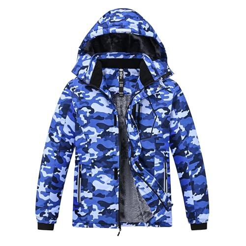 MoFiz Chaquetas de Esquí para Niño Invierno Forro Cálido Abrigo Impermeable de Nieve Montaña Antiviento con Capucha Desmontable Camuflaje Azul L(13-16años)
