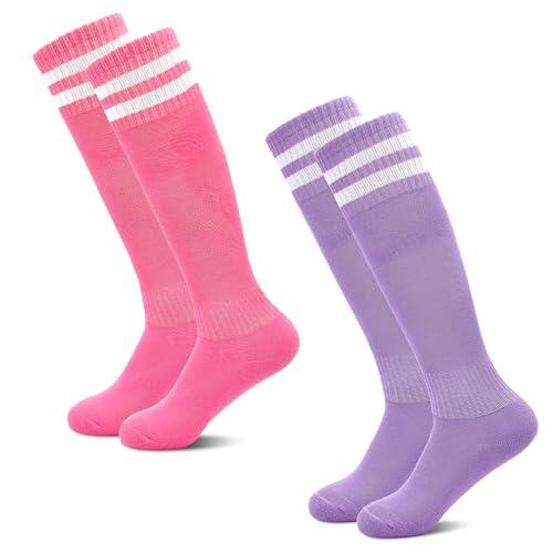 HYCLES 1/2 par de calcetines de fútbol para niños, calcetines deportivos largos para la escuela, calcetines de fútbol largos y transpirables para niñas y niños de 3 a 13 años, 05# Rosa*1+Púrpura*1,