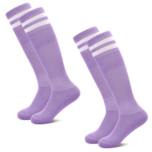 HYCLES 1/2 par de calcetines de fútbol para niños, calcetines deportivos largos para la escuela, calcetines de fútbol largos y transpirables para niñas y niños de 3 a 13 años, 04# Púrpura*2, 3-6 años