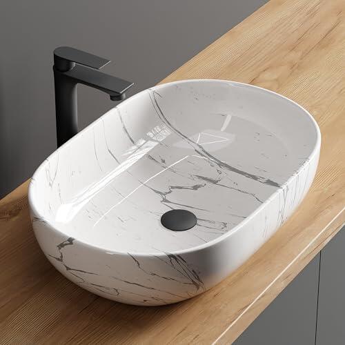 Planetmöbel Aquil Deluxe Lavabo cuadrado | Lavabo superior para baño y aseo de invitados, lavabo de manos sin agujero de grifo y rebosadero, mármol blanco, 60 x 40 x 15 cm