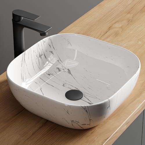 Planetmöbel Aquil Deluxe Lavabo Cuadrado | Lavabo Superior de Baño y Aseo de Invitados, Sin Agujero de Grifo y Rebosadero, Marmol Blanco, 42,5 x 42,5 x 14 cm