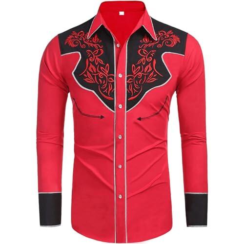 Rrongwn Camisas vaqueras occidentales para hombre, manga larga, bordadas, estilo vaquero, casual, con botones, para regalo, rosso, XXL
