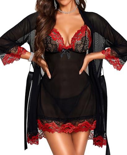RSLOVE - Babydoll sexy para mujer, vestido de noche, lencería con G-String, conjunto de lencería de encaje femenino, 3 piezas, negro y rojo, M