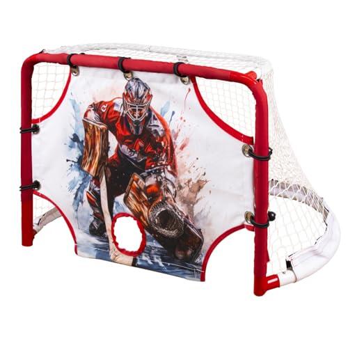 Kasifei Mini red de hockey de acero con tutor de tirador, 30 x 20 pulgadas, portería de hockey resistente para niños