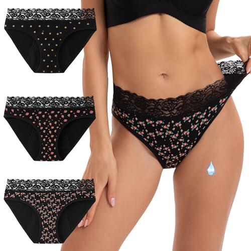 INNERSY Bragas Menstruales Mujer Encaje Braguitas Regla Algodón Ropa Interior Menstruación Pack de 3 (M, 2 Rosa/1 Estrella)