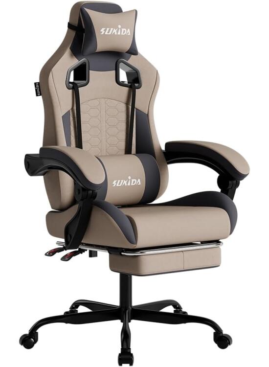 SUKIDA Silla ergonómica para Videojuegos con reposapiés, reposacabezas para Silla de Videojuegos, Ajustable, Altura Regulable, Soporte Lumbar para Oficina en casa y Juegos, Color Beige