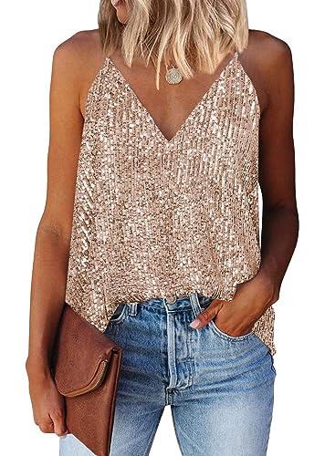 AirMood Women 's Sexy V Neck Shining Lentejuelas Chaleco Lentejuelas Top Las Vegas Disco Lentejuelas Chaleco, Dorado, M