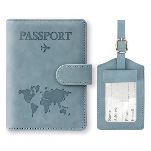 Funda Pasaporte con Identificador De Maletas, Pu Cueros Porta Documentos Cover Viaje con Bloqueo Rfid, Passport Cover Español para Crédito, Tarjetas De Identificación, Boletos De Aerolínea (azul)