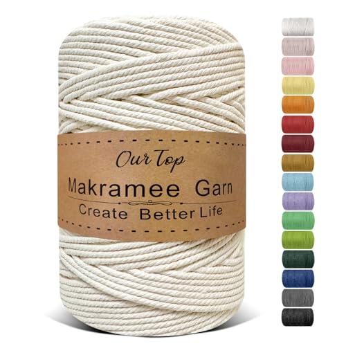 OurTop Hilo Macrame, 4mm x 300m Cuerda Macrame de 4 Hilos Cordon Macrame Hilo de Macramé para Manualidades, Colgar de La Pared, Decoración Bohemia, Natural