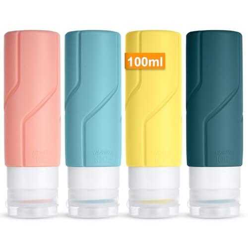 OSDUE Botellas de Viaje,4 Piezas Botellas de Viaje Silicona Juego Compresible Prueba de Fugas,sin Bpa,Silicona Botes Viaje Rellenables para Champú, LocióN, Acondicionador y Gel de Ducha (100ml)