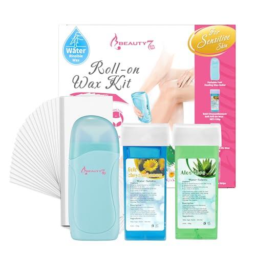Beauty7 Kit de Depilación Roll On Calentador con Cartuchos de Cera Roll on Aloe Vera y Manzanilla, 100pcs Bandas de Cera Depilación no Tejidas, Kit de Depilación con Rodillo Termoestable Portátil