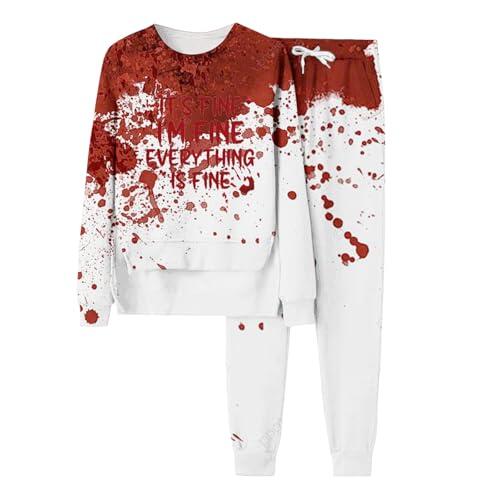 Traje informal para mujer, sudadera y pantalones de sudadera, conjunto de suéter con estampado de sangre, traje deportivo de horror, cuello redondo, conjunto de 2 piezas, traje informal suelto, traje