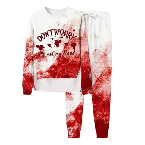 Eauptffy Traje deportivo para mujer, sudadera y pantalones largos, sudadera, traje de salpicaduras de sangre, traje deportivo de 2 piezas, cuello redondo, suelto, informal, juego de salón, moda,