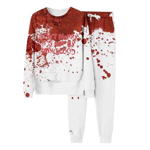Traje informal para mujer, sudadera y pantalones de sudadera, conjunto de suéter con estampado de sangre, traje deportivo de horror, cuello redondo, conjunto de 2 piezas, traje informal suelto, traje