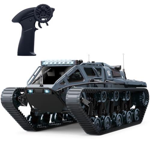 Mostop Tanque teledirigido a escala 1/16 de transporte de vehículos militares RC Tanque Offroad Crawler para niños, 2,4 GHz mando a distancia Crawler Drift Tank con 2 baterías, 360 ° giratorio del