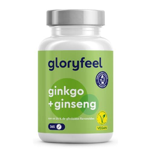 Ginkgo + Ginseng - 365 Tabletas con 24 % Flavonoglucósidos - Extracto de Ginkgo Biloba (50:1) y Panax Ginseng en Alta Dosis - Suministro para 1 Año - Vegano, sin aditivos y probado en Laboratorio