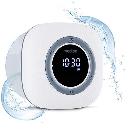 MEDION P66096 Radio de Ducha con Bluetooth (Radio de baño, Radio FM, Ventosa, Pantalla LED, Impermeable IPX6, batería Recargable integrada, MD43884) Blanco