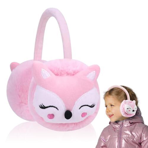 BNGXR Orejeras de Invierno para Niños y Niñas con Diseño de Zorro - Resistentes al Viento, Peluche, Protección Térmica para Exteriores y Viajes (Rosa)